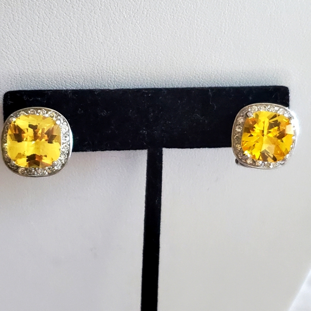 Sterling Silver .925 Square Canary Yellow Crystal Earrings